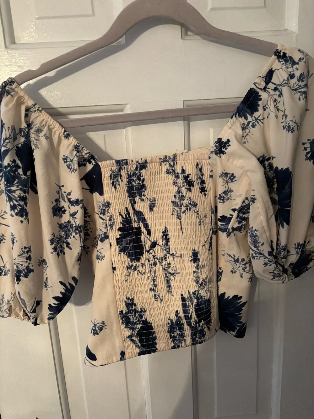 Abercrombie and Fitch Floral Puff-Sleeve Corset Top - Navy Print